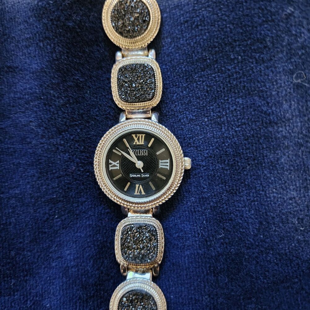VINTAGE Ecclissi Sterling Black Druzy Gemstone Bracelet Watch 33775 New Battery